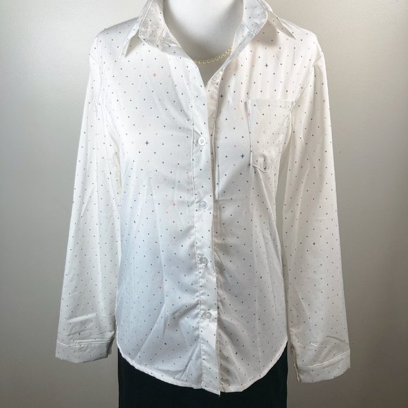 Star or cross print button-down shirt ~ Celestrial white pink blue MEDIUM blouse - Picture 6 of 15